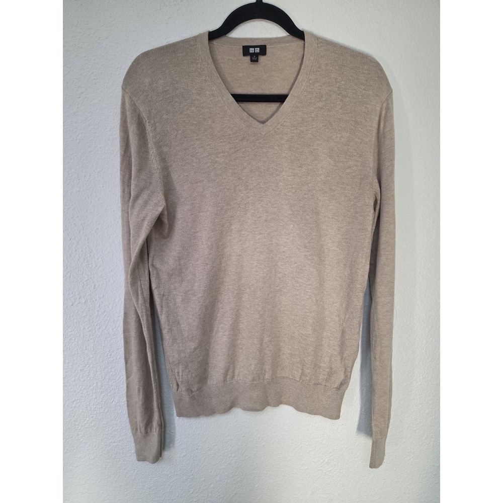 Uniqlo Womens S V-Neck Pullover Sweater Beige Solid Long Sleeve Cotton Cashmere